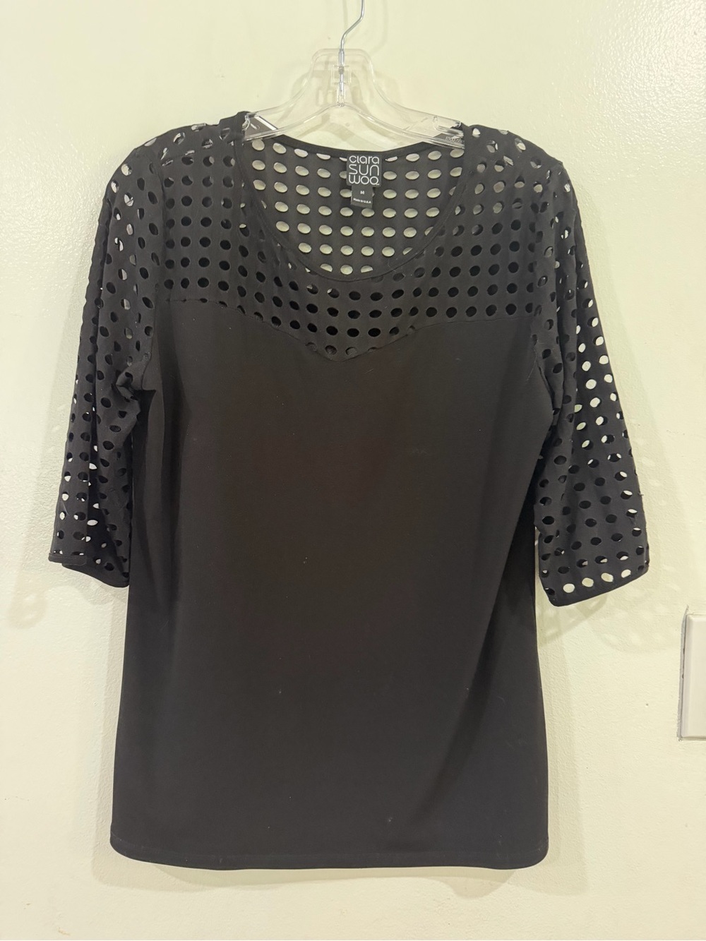 CLARA SUNWOO Black Perforated Mesh Yoke Elbow-Sleeve Top